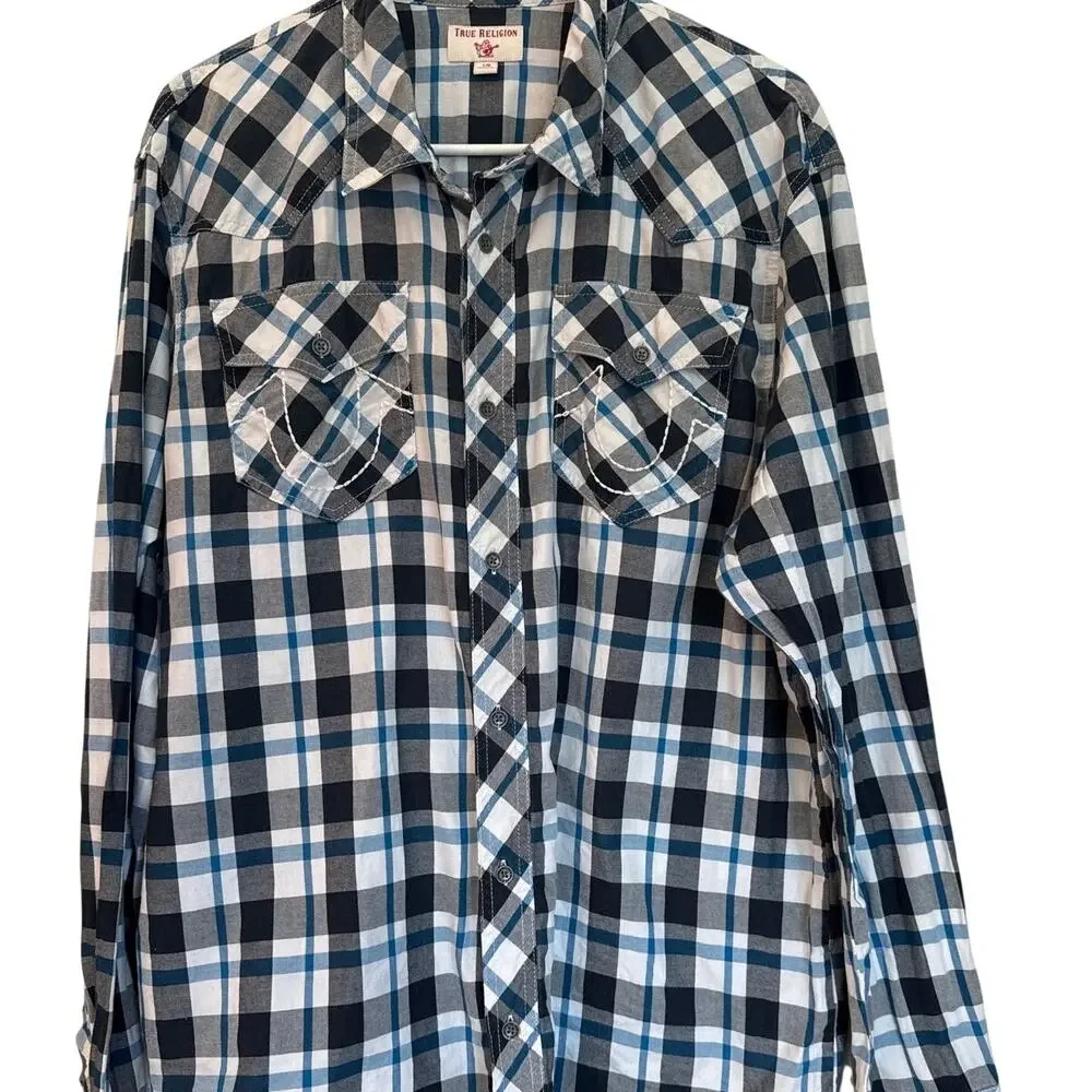 True Religion Men’s Long Sleeve Western Shirt Blue Checked Cotton L Y2K Vibes